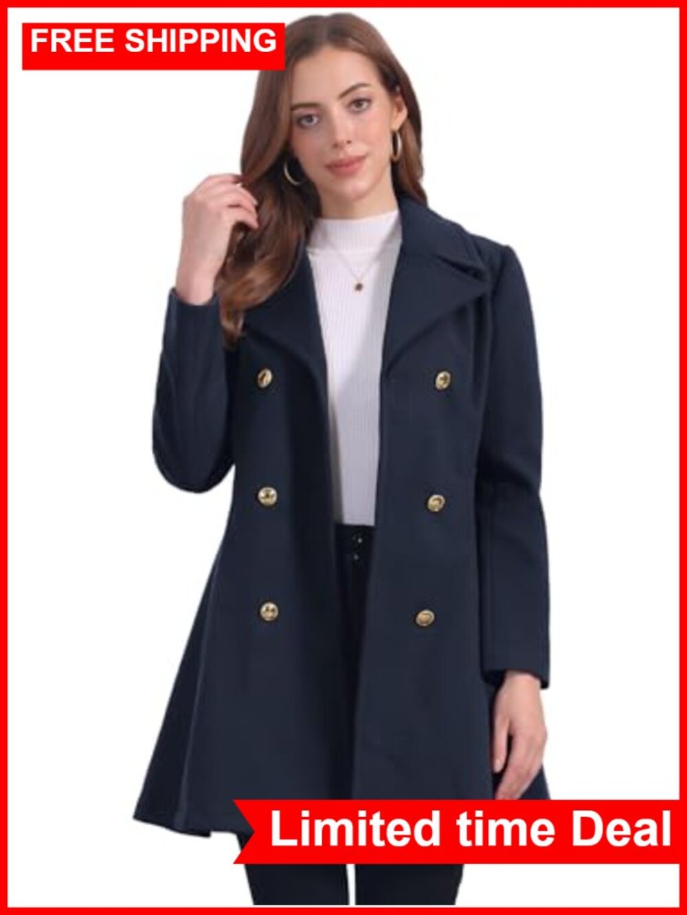 Women's A-Line Pea Coat Lapel Collar Long Winter Fall Coat